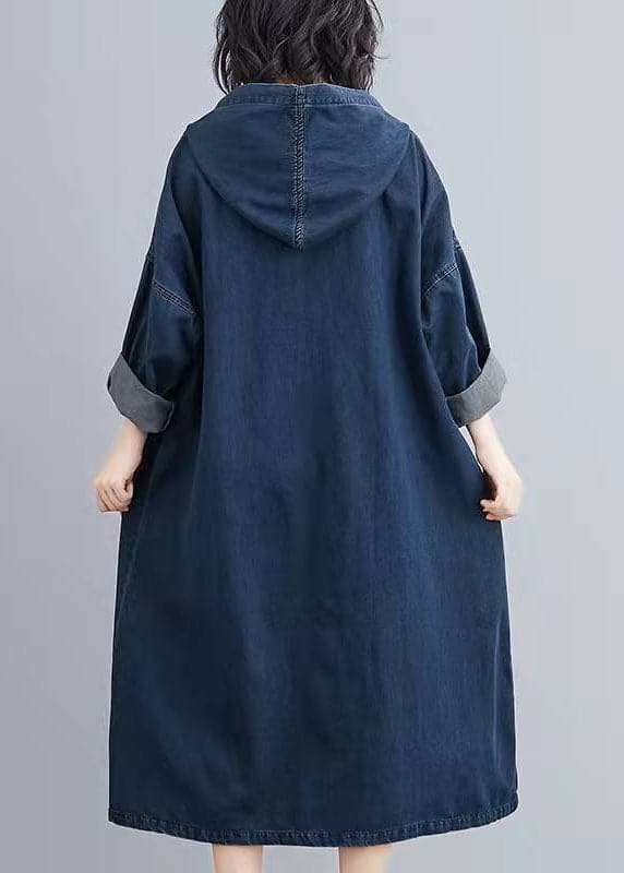 Italian Hooded Pockets Spring Clothes Women Denim Blue Traveling Dresses FDL210124