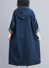 Italian Hooded Pockets Spring Clothes Women Denim Blue Traveling Dresses FDL210124