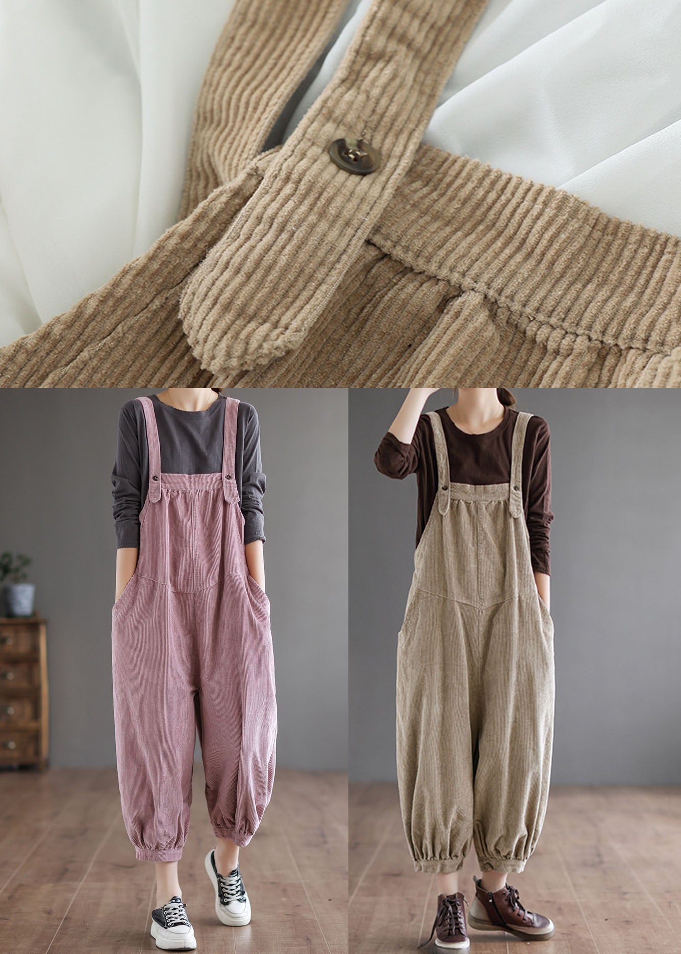 Khaki Corduroy Loose Overalls Jumpsuit Oversized Pockets Fall dylinoshop