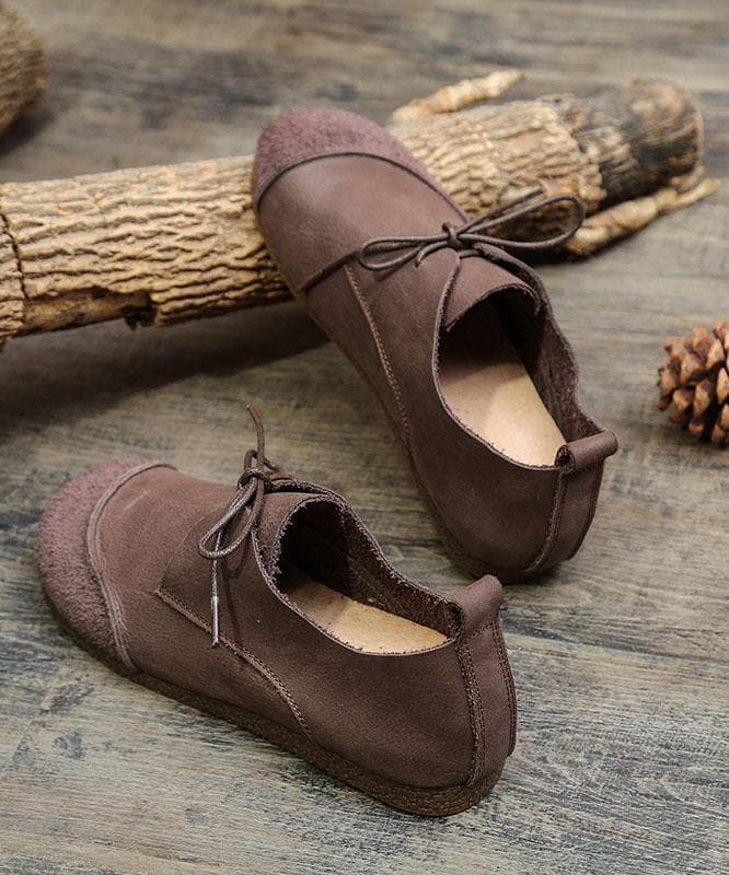 Khaki Genuine Leather Flat Shoes For Women Lace Up Splicing Flat Shoes PDX210712