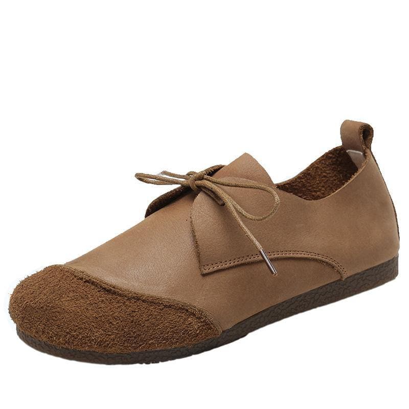 Khaki Genuine Leather Flat Shoes For Women Lace Up Splicing Flat Shoes PDX210712