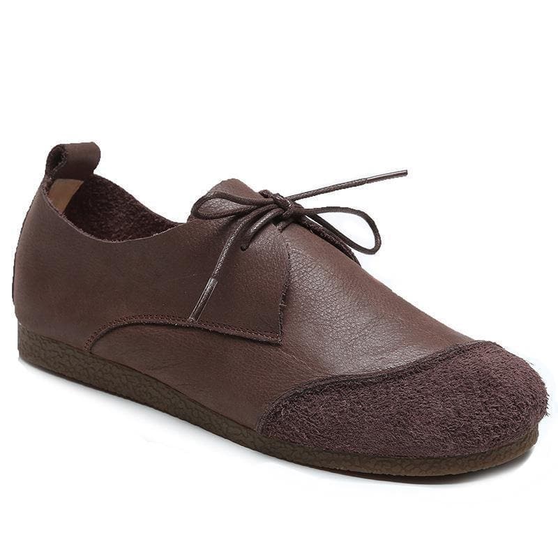 Khaki Genuine Leather Flat Shoes For Women Lace Up Splicing Flat Shoes PDX210712