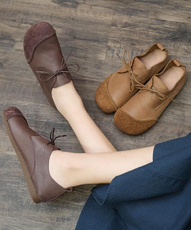 Khaki Genuine Leather Flat Shoes For Women Lace Up Splicing Flat Shoes PDX210712