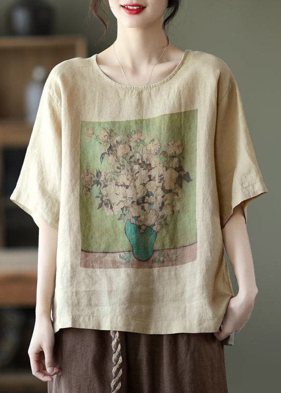 Khaki Side Open Linen T Shirt Half Sleeve GK-HTP220422