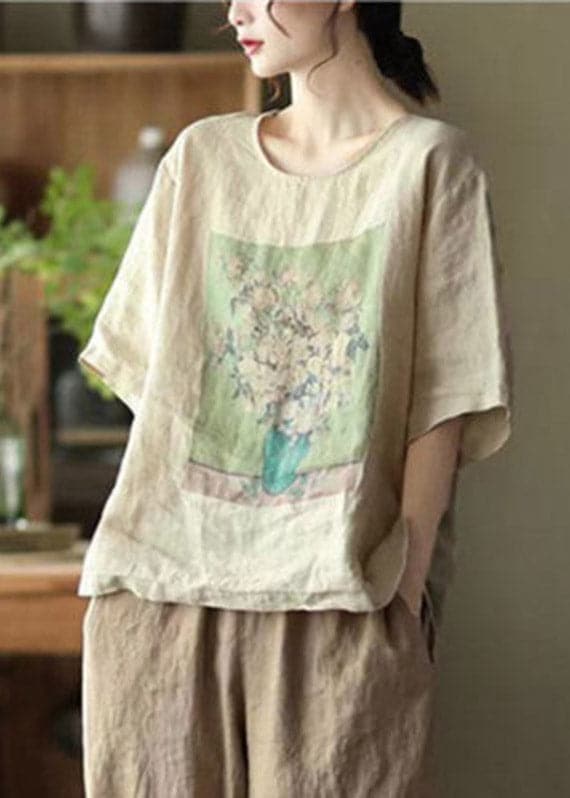 Khaki Side Open Linen T Shirt Half Sleeve GK-HTP220422