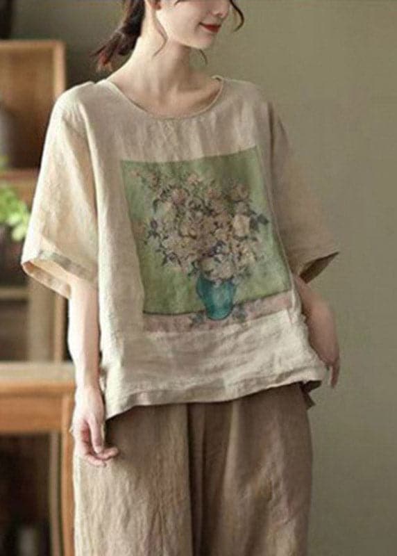 Khaki Side Open Linen T Shirt Half Sleeve GK-HTP220422