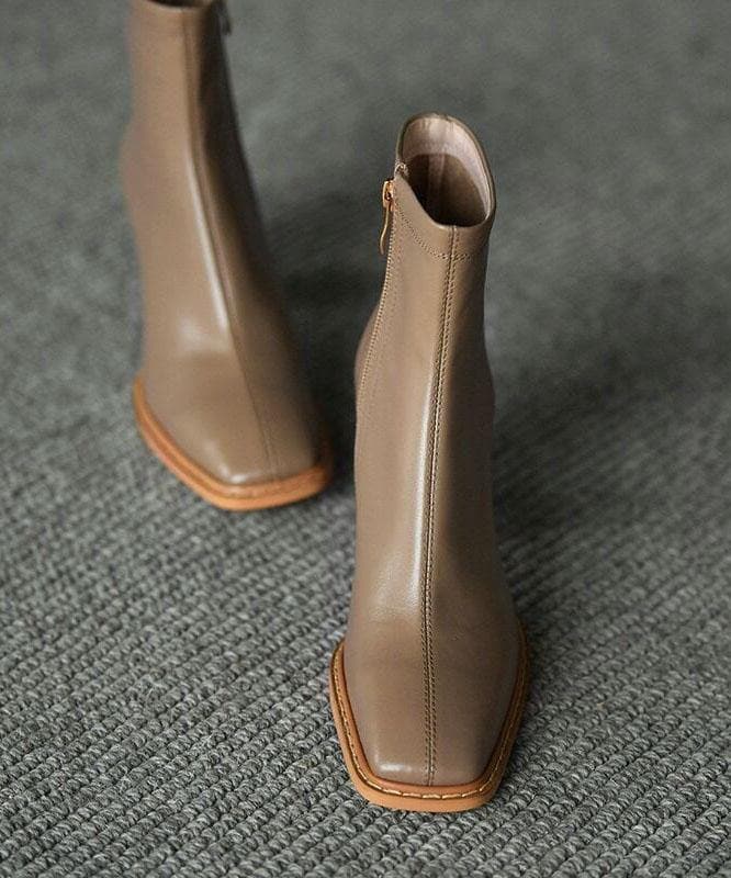 Khaki zippered Faux Leather Boots High Heels XZ-XZ210804