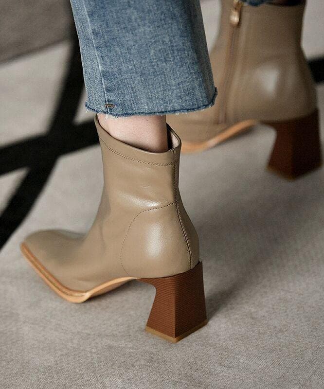 Khaki zippered Faux Leather Boots High Heels XZ-XZ210804