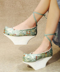 Light Green High Heels Platform Satin Fabric Embroideried Vintage Cross Strap High Heels SHOE-GGX220328