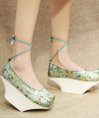 Light Green High Heels Platform Satin Fabric Embroideried Vintage Cross Strap High Heels SHOE-GGX220328