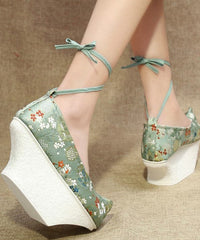 Light Green High Heels Platform Satin Fabric Embroideried Vintage Cross Strap High Heels SHOE-GGX220328