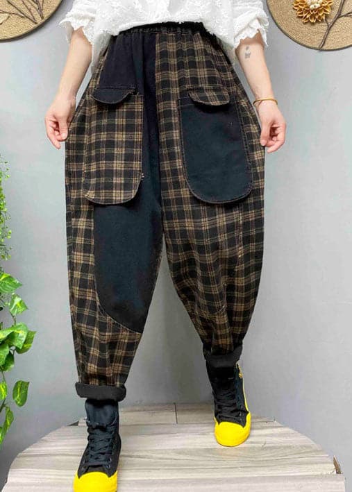 Loose Black Pockets Plaid denim Pants Spring BSNZK-LPTS211124