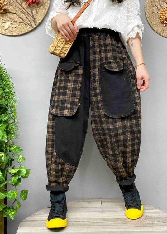 Loose Black Pockets Plaid denim Pants Spring BSNZK-LPTS211124