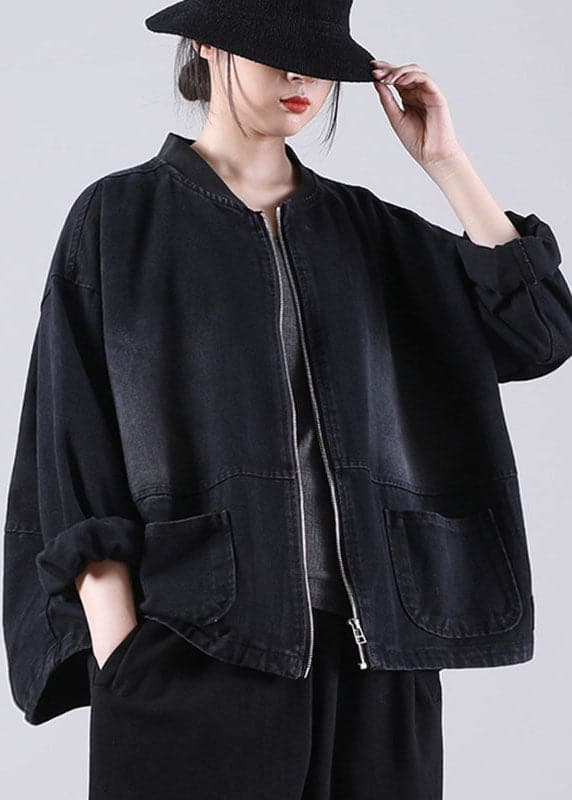 Loose Black Zippered Pockets Patchwork Fall Denim Long sleeve Coat WG-CTS210902