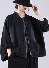 Loose Black Zippered Pockets Patchwork Fall Denim Long sleeve Coat WG-CTS210902