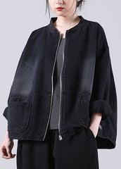 Loose Black Zippered Pockets Patchwork Fall Denim Long sleeve Coat WG-CTS210902