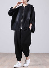 Loose Black Zippered Pockets Patchwork Fall Denim Long sleeve Coat WG-CTS210902