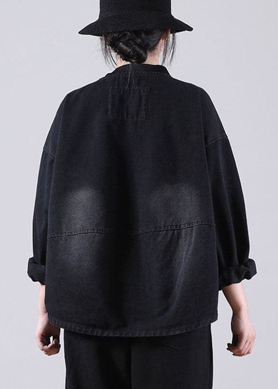 Loose Black Zippered Pockets Patchwork Fall Denim Long sleeve Coat WG-CTS210902