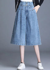 Loose Denim Blue High Waist Wrinkled Pockets Cotton Wide Leg Crop Pants Summer nz-CPTS220526