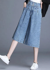 Loose Denim Blue High Waist Wrinkled Pockets Cotton Wide Leg Crop Pants Summer nz-CPTS220526