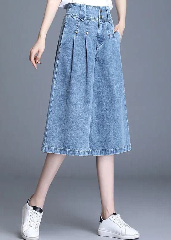 Loose Denim Blue High Waist Wrinkled Pockets Cotton Wide Leg Crop Pants Summer nz-CPTS220526