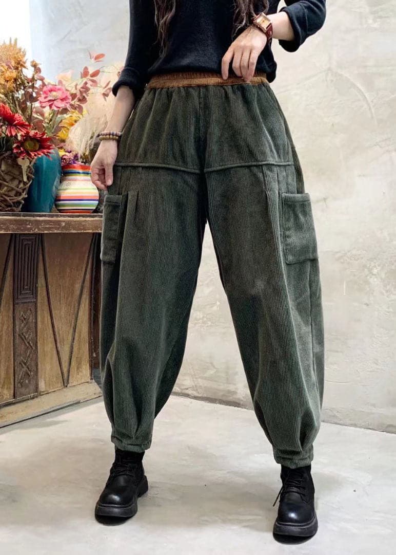 Loose Green Corduroy Patchwork Thick Cargo Winter Pants PDD-LPTS211116