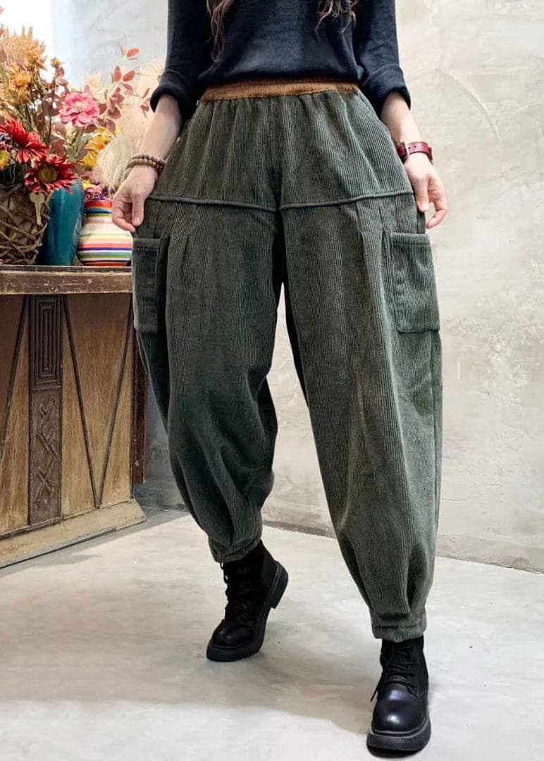 Loose Green Corduroy Patchwork Thick Cargo Winter Pants PDD-LPTS211116