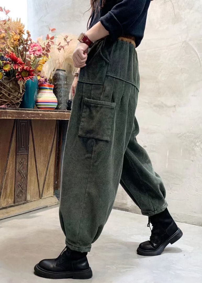 Loose Green Corduroy Patchwork Thick Cargo Winter Pants PDD-LPTS211116