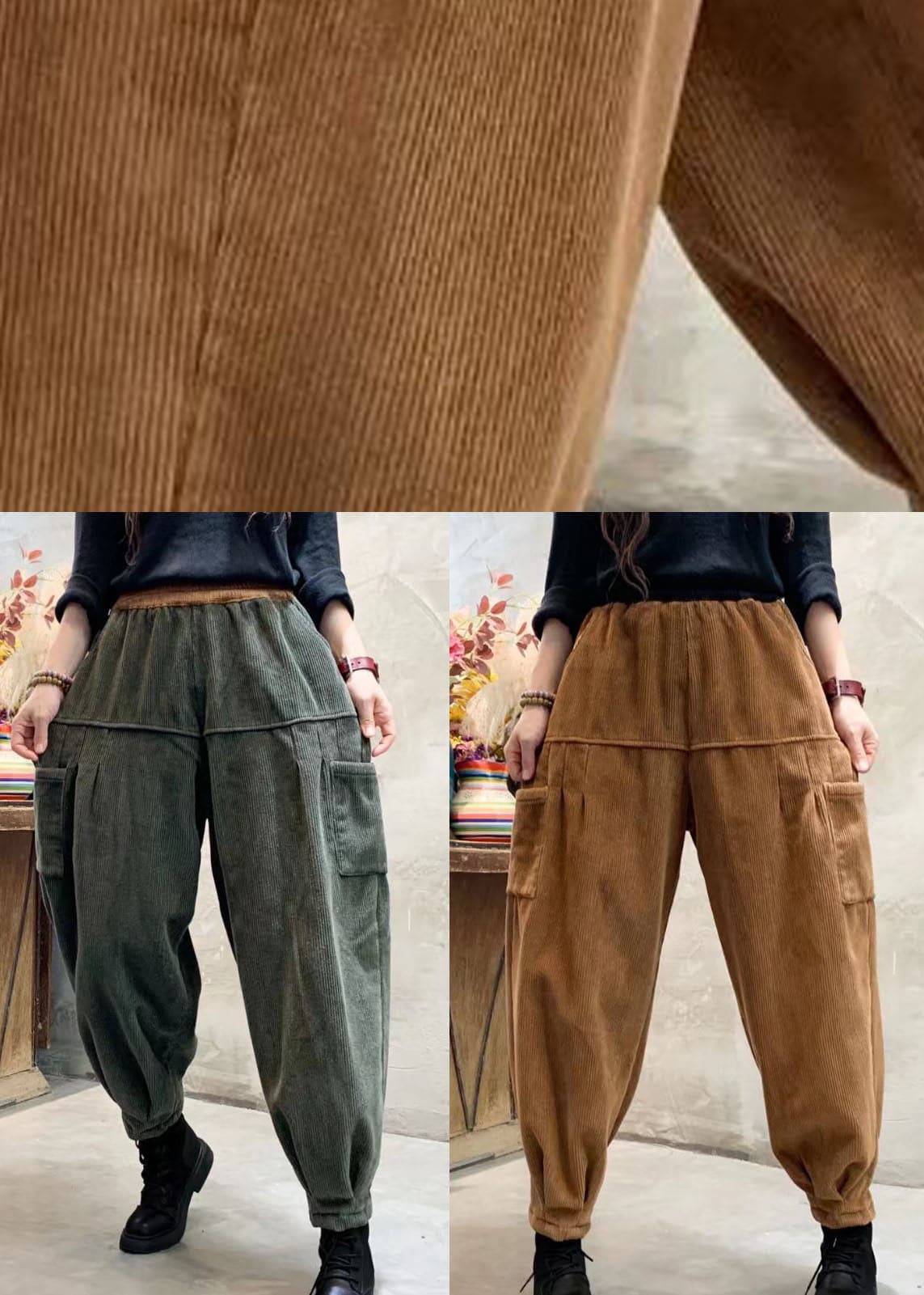 Loose Green Corduroy Patchwork Thick Cargo Winter Pants PDD-LPTS211116