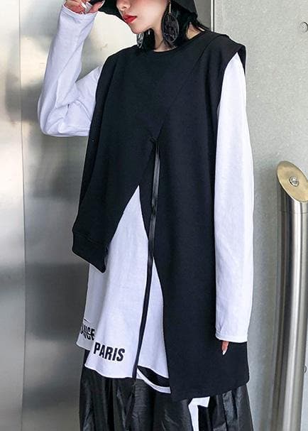 Loose black cotton clothes asymmetric short sleeveless tops AT-VTP191203