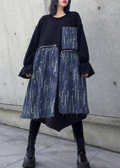 Loose black cotton dresses patchwork thick o neck Maxi Dress AT-FDL191101
