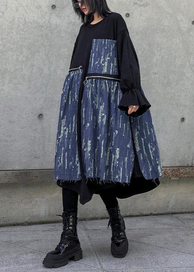 Loose black cotton dresses patchwork thick o neck Maxi Dress AT-FDL191101