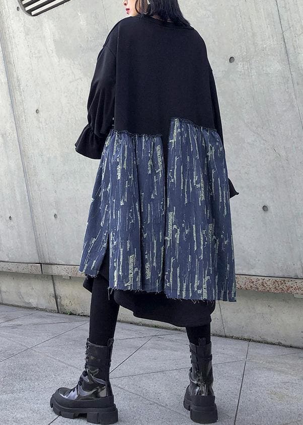 Loose black cotton dresses patchwork thick o neck Maxi Dress AT-FDL191101