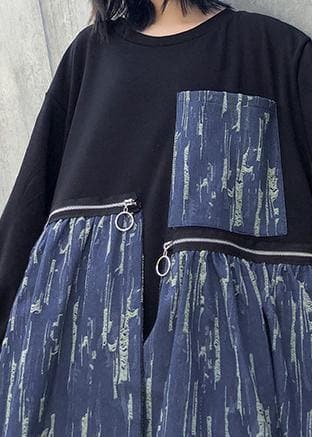 Loose black cotton dresses patchwork thick o neck Maxi Dress AT-FDL191101