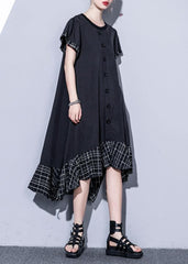 Loose black cotton quilting clothes patchwork plaid hem  summer Dress AT-SDL190411