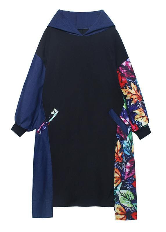 Loose black patchwork print quilting clothes hooded pockets Dress AT-FDL200909