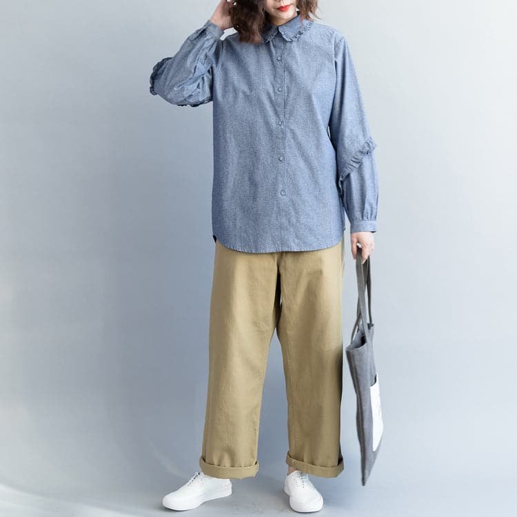 Loose cotton tops women plus size Turn-down Collar Sleeve light denim blue short shirts LTP181220