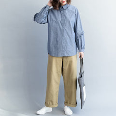 Loose cotton tops women plus size Turn-down Collar Sleeve light denim blue short shirts LTP181220