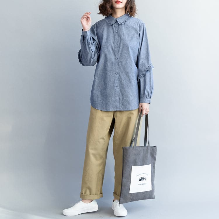 Loose cotton tops women plus size Turn-down Collar Sleeve light denim blue short shirts LTP181220