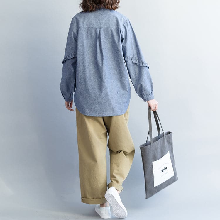 Loose cotton tops women plus size Turn-down Collar Sleeve light denim blue short shirts LTP181220