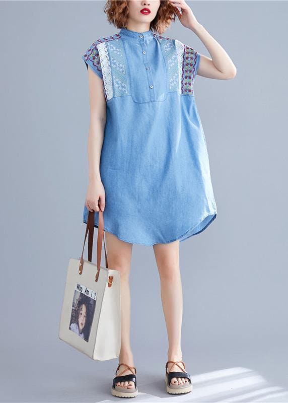 Loose denim blue Cotton dresses stand collar embroidery tunic summer Dresses SDM190524
