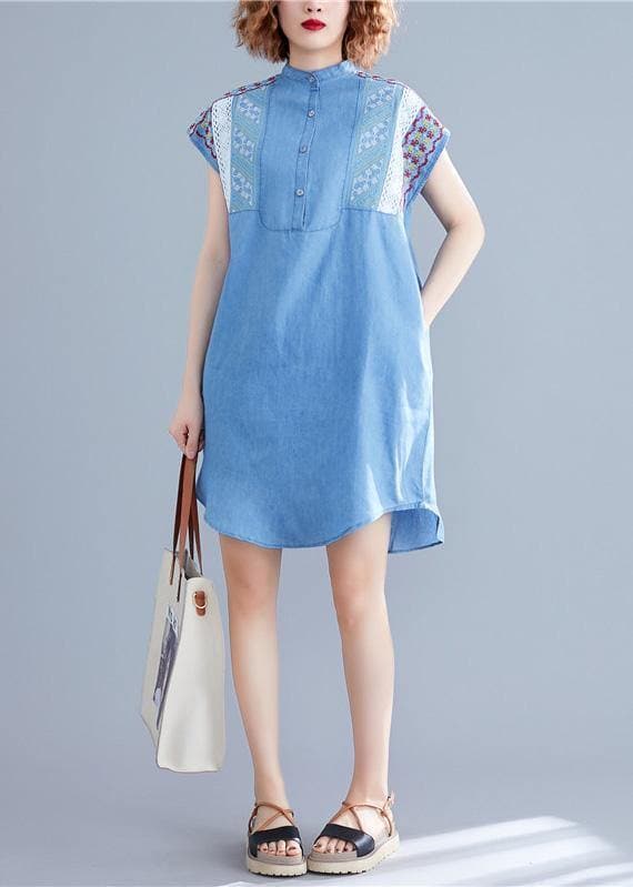Loose denim blue Cotton dresses stand collar embroidery tunic summer Dresses SDM190524