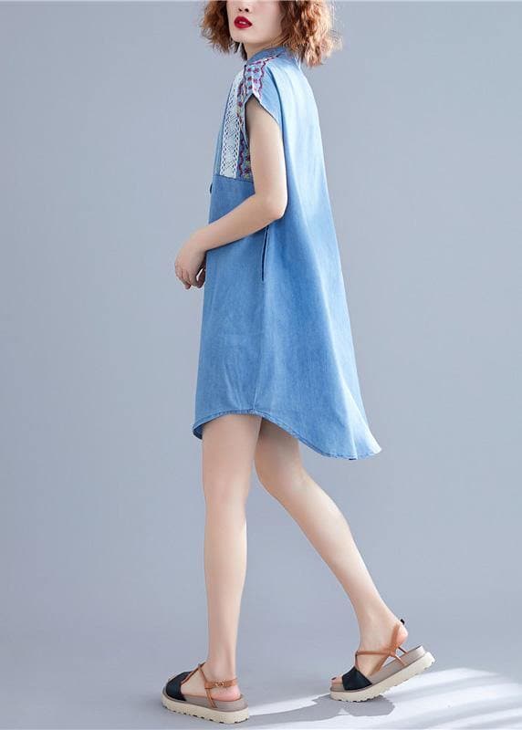 Loose denim blue Cotton dresses stand collar embroidery tunic summer Dresses SDM190524