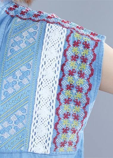 Loose denim blue Cotton dresses stand collar embroidery tunic summer Dresses SDM190524