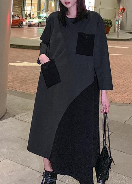 Loose gray cotton dresses patchwork Maxi winter Dress AT-FDL191101