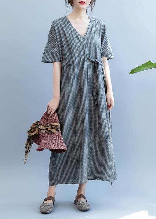Loose gray plaid clothes Women v neck drawstring Art summer Dress SDL200725