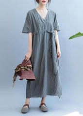 Loose gray plaid clothes Women v neck drawstring Art summer Dress SDL200725