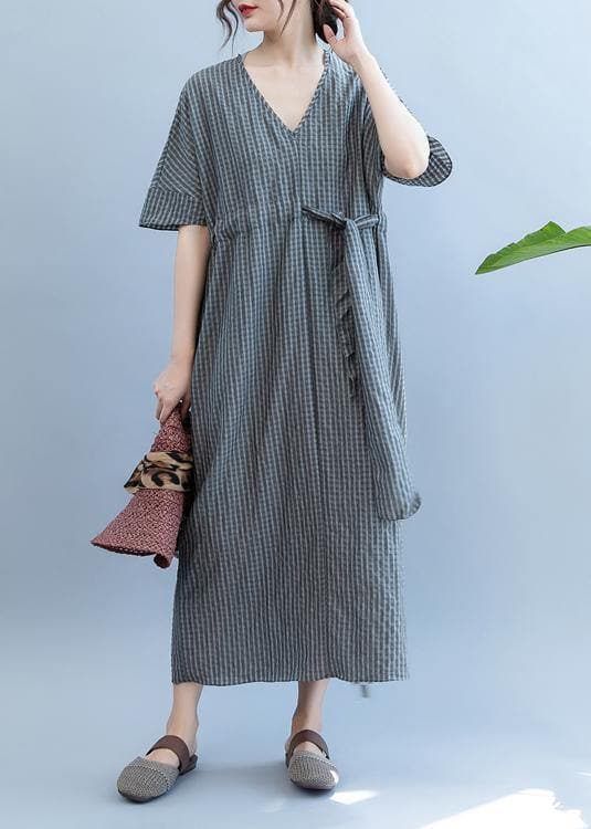 Loose gray plaid clothes Women v neck drawstring Art summer Dress SDL200725