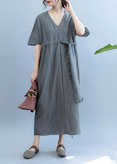 Loose gray plaid clothes Women v neck drawstring Art summer Dress SDL200725