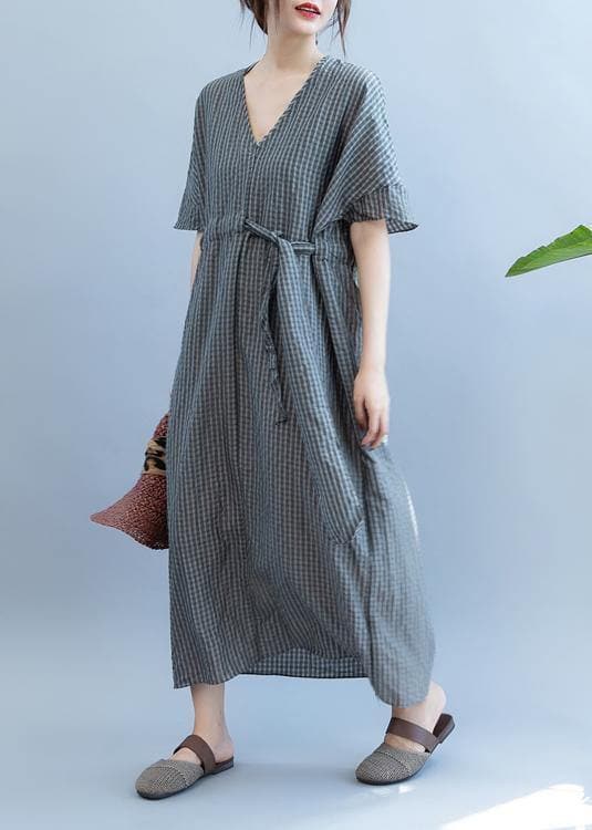 Loose gray plaid clothes Women v neck drawstring Art summer Dress SDL200725